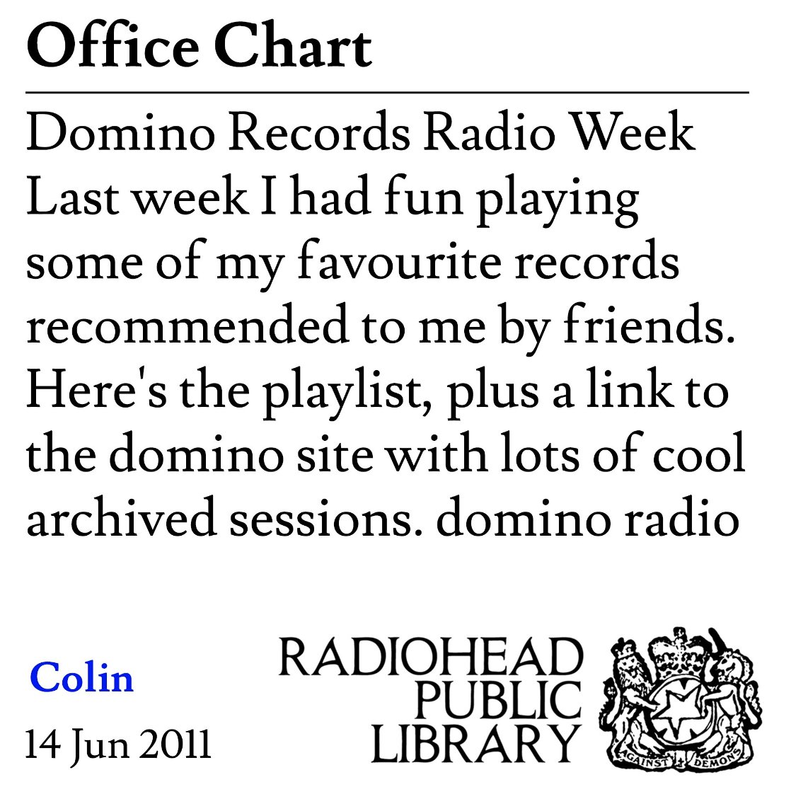RPL_highlights's tweet photo. Listen to Radiohead's King of Limbs era Office Chart playlists from Thom Yorke, Colin Greenwood, and Jonny Greenwood:
https://t.co/Tts1XkO1tw
#radioheadpubliclibrary https://t.co/81hRLJkYIB
