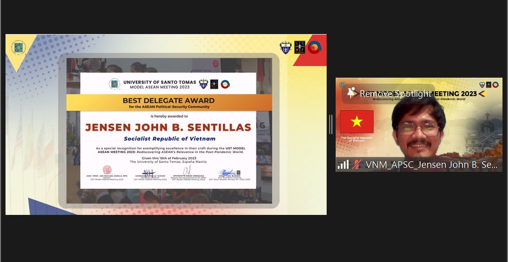 USTModelASEAN's tweet photo. UST MAM 2023βs BEST DELEGATES are:
AEC: Matthew Gabriel P. Neala, PHL
APSC: Jensen John B. Sentillas, VNM
ASCC: Tiffany M. Templonuevo, VNM
Your efforts have been acknowledged! Congratulations!
#USTMAM2023
#USTMAMnifyingAt9
#SiyamWithUSTMAM https://t.co/cmhIusVRuX