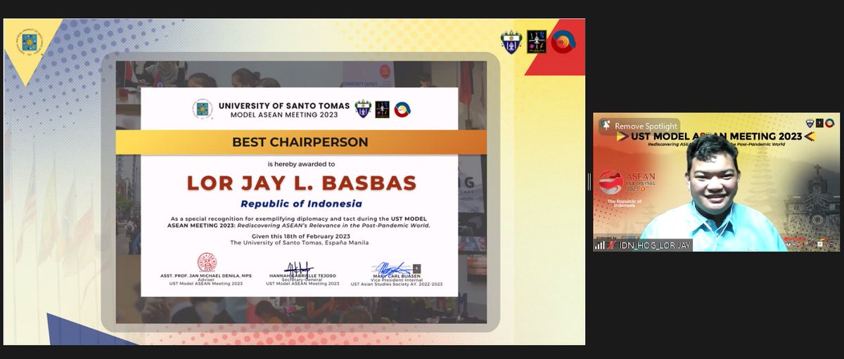 USTModelASEAN's tweet photo. Weβre giving the BEST CHAIRPERSON award to Lor Jay L. Basbas, IDN!
Well deserved!
#USTMAM2023
#USTMAMnifyingAt9
#SiyamWithUSTMAM https://t.co/ESC2gjQtx0