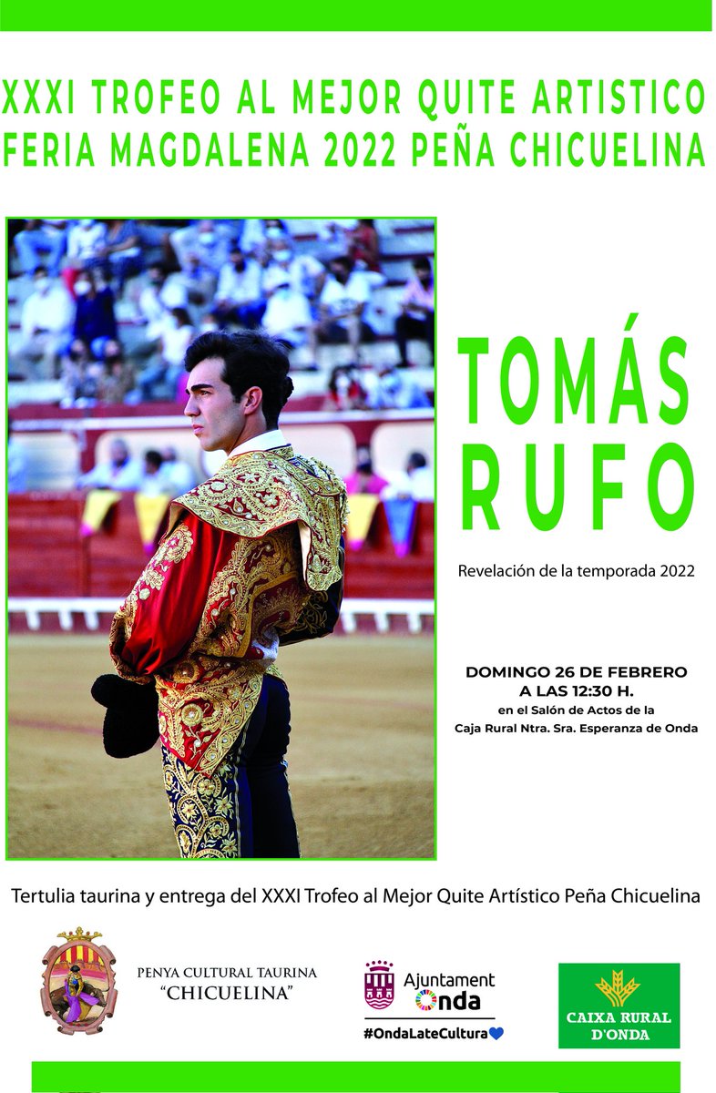 salvador manuel campos (@salvamorantista) on Twitter photo El proximo domingo 26 de febrero entregaremos el XXXI TROFEO AL MEJOR QUITE ARTISTICO PEÑA CHICUELINA ONDA de la pasada feria de la magdalena 2022 al maestro Tomas Rufo .<a href="/Tomas_Rufo/">Tomás Rufo</a>
@jorgecasals
Os esperamos El proximo domingo 26 de febrero entregaremos el XXXI TROFEO AL MEJOR QUITE ARTISTICO PEÑA CHICUELINA ONDA de la pasada feria de la magdalena 2022 al maestro Tomas Rufo .<a href="/Tomas_Rufo/">Tomás Rufo</a>
@jorgecasals
Os esperamos