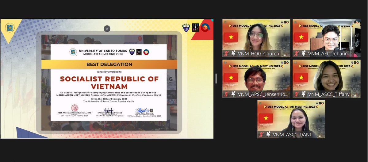 USTModelASEAN's tweet photo. Last but not the least, the winner of UST MAM 2023βs BEST COUNTRY DELEGATION award is given to:
The Delegation of the Socialist Republic of Vietnam
A warm round of applause is in order!
#USTMAM2023
#USTMAMnifyingAt9
#SiyamWithUSTMAM https://t.co/3TAGr19OhP
