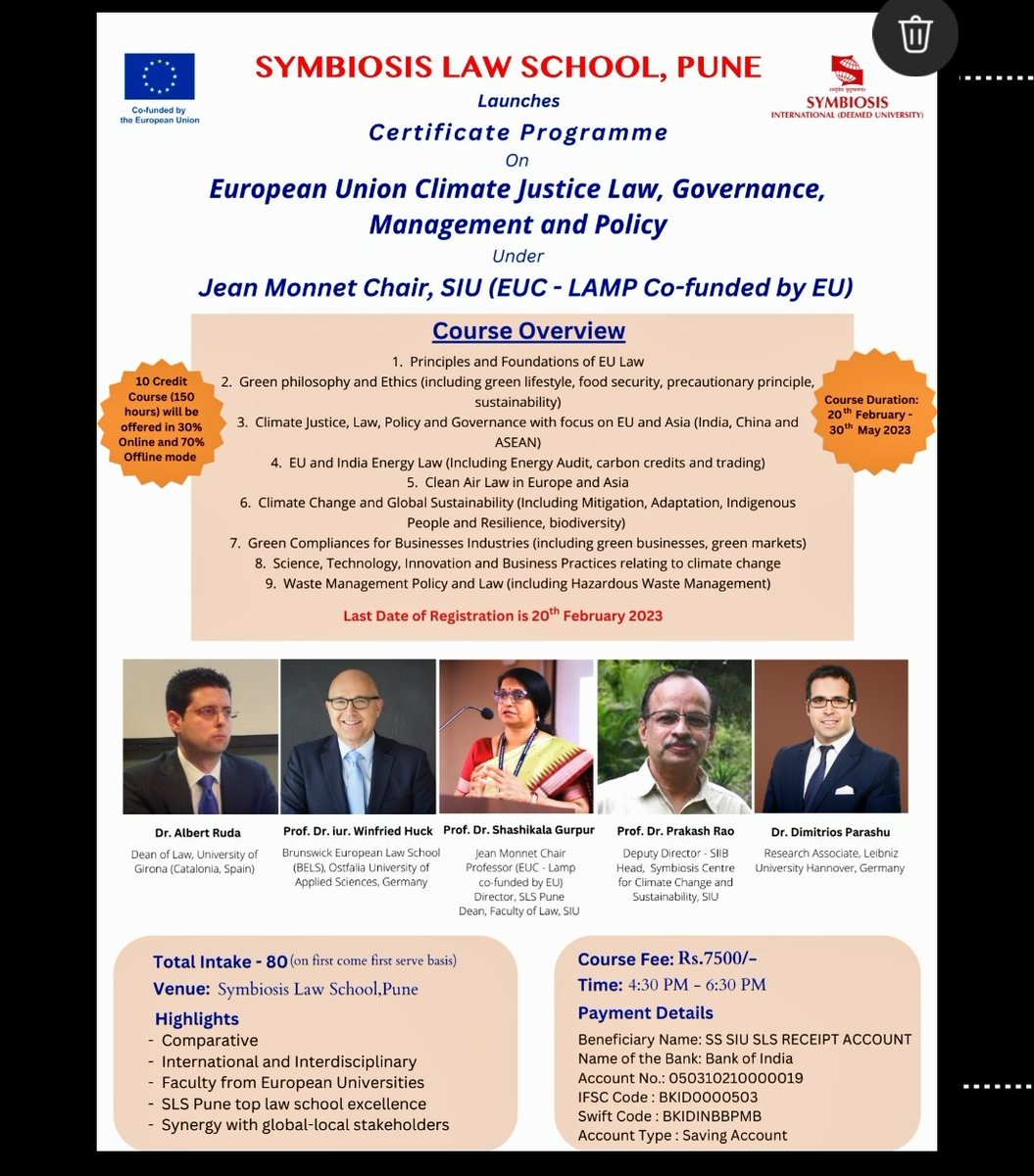 Symbiosis Law School, Pune launches Certificate Programme on European Union Justice Law, Governance, Management &amp; Policy under Jean Monnet chair, SIU (EUC - LAMP Co-funded by EU) 

#SymbiosisLawSchool #CertificateProgram #Management