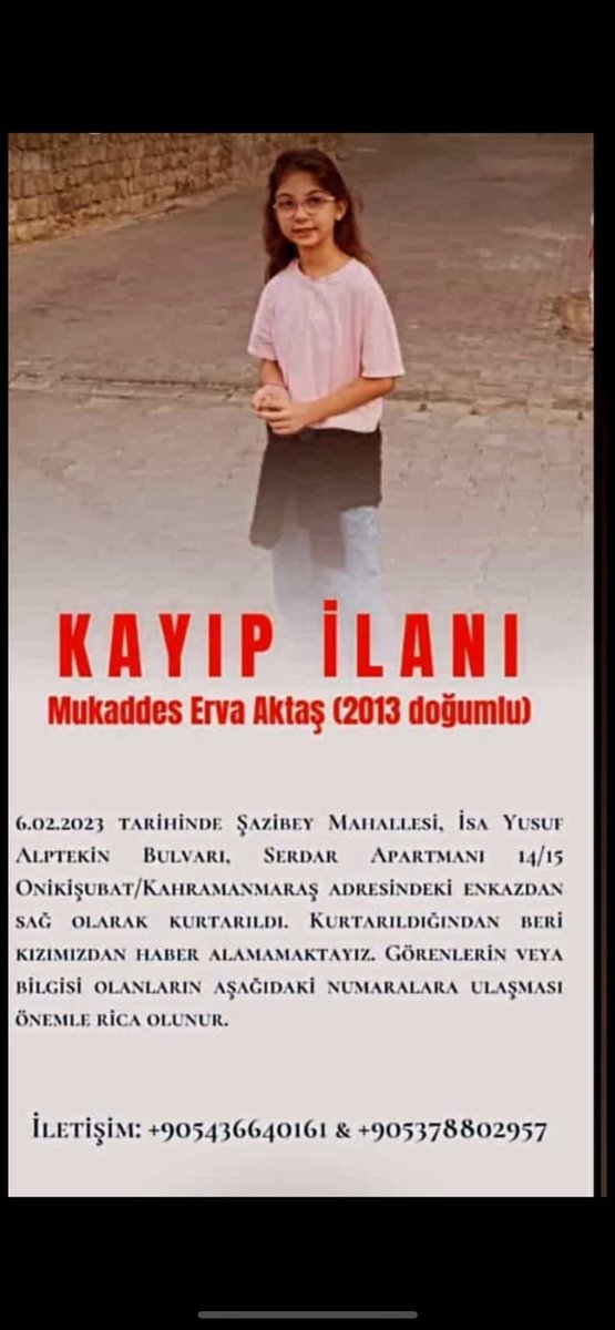 🆘 KAYIP İLANI 🆘
MUKADDES ERVA AKTAŞ 
11 Gündür Kayıp !
Lütfen paylaşır mısınız?

Görmeyen kimse kalmayana kadar lütfen  Rt, Fav rica ediyorum. Aile perişan. 

<a href="/tcailesosyal/">T.C. Aile ve Sosyal Hizmetler Bakanlığı</a> <a href="/saglikbakanligi/">T.C. Sağlık Bakanlığı</a>
<a href="/TC_icisleri/">T.C. İçişleri Bakanlığı</a> <a href="/AFADBaskanlik/">AFAD</a>
 <a href="/AFADKMaras/">AFAD Kahramanmaraş</a>