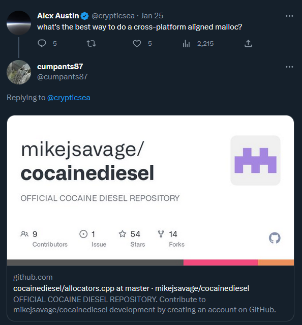 crypticsea's tweet image. always trust a memory allocation library called cocainediesel from someone named cumpants87