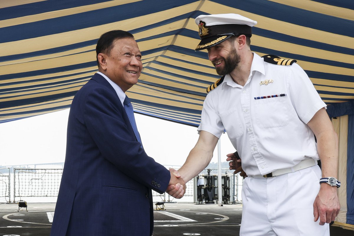 HMS_Spey's tweet photo. Concluding our visit to #Cambodia, here is a selection of images from our wide and varied defence engagements. Visits ranged from school children learning about #STEM to the Captain meeting General Neang Phat, Ministry of National Defence’s Permanent Secretary of State. https://t.co/8aoS1Cz79f
