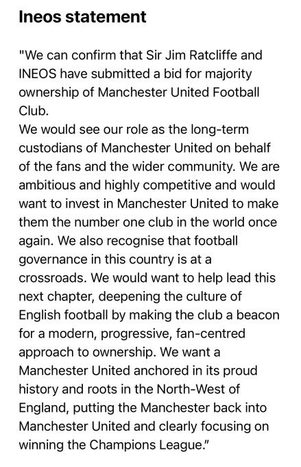 FabrizioRomano's tweet photo. Official: INEOS confirm bid submitted for Man Utd 🚨🔴 #MUFC

“Sir Jim Ratcliffe-INEOS made a bid for majority ownership of Manchester United.

“We see role as long-term custodians of Man Utd — invest to make it the number one club in the world again &amp; win the Chanpions League”. https://t.co/0pa0l6y5xE