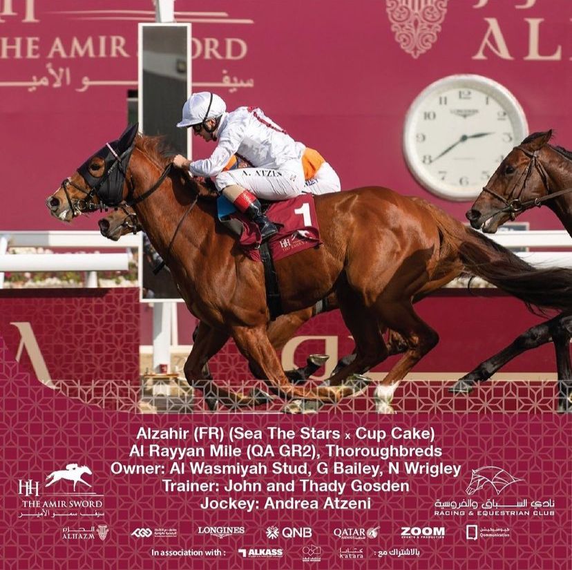 GBRI_UK's tweet photo. 🥇 John &amp; Thady Gosden complete a double for British trainers at HH The Amir Sword Festival 🥇

ALZAHIR, bought by @cgwbloodstock at @Tattersalls1766 Book 1, shows toughness under @Atzenijockey to win Local Gr.2 Al Rayyan Mile in the @Alwasmiyahstud colours.

📷 @Q_REC https://t.co/NmpN9B6EdB