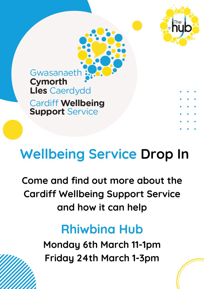 Dewch i ddarganfod mwy am Wasanaeth Cymorth Lles Caerdydd a sut y gall helpu
Dydd Llun 6 Mawrth 11-1yp
Dydd Gwener 24 Mawrth 1-3yp
-
Come and find out more about the Cardiff Wellbeing Support Service and how it can help
Monday 6th March 11-1pm
Friday 24th March 1-3pm