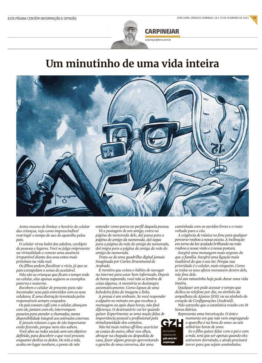 COLEÇÃO DE AUSÊNCIAS
“Antes mesmo de limitar o horário do celular das crianças, vejo como imprescindível restringir o tempo de uso do aparelho pelos pais.”
Minha coluna de hoje no jornal Zero Hora, <a href="/gzhdigital/">GZH</a>, ilustração de <a href="/fragadesenhos/">FRAGADESENHOS</a>: 
gauchazh.clicrbs.com.br/colunistas/car…