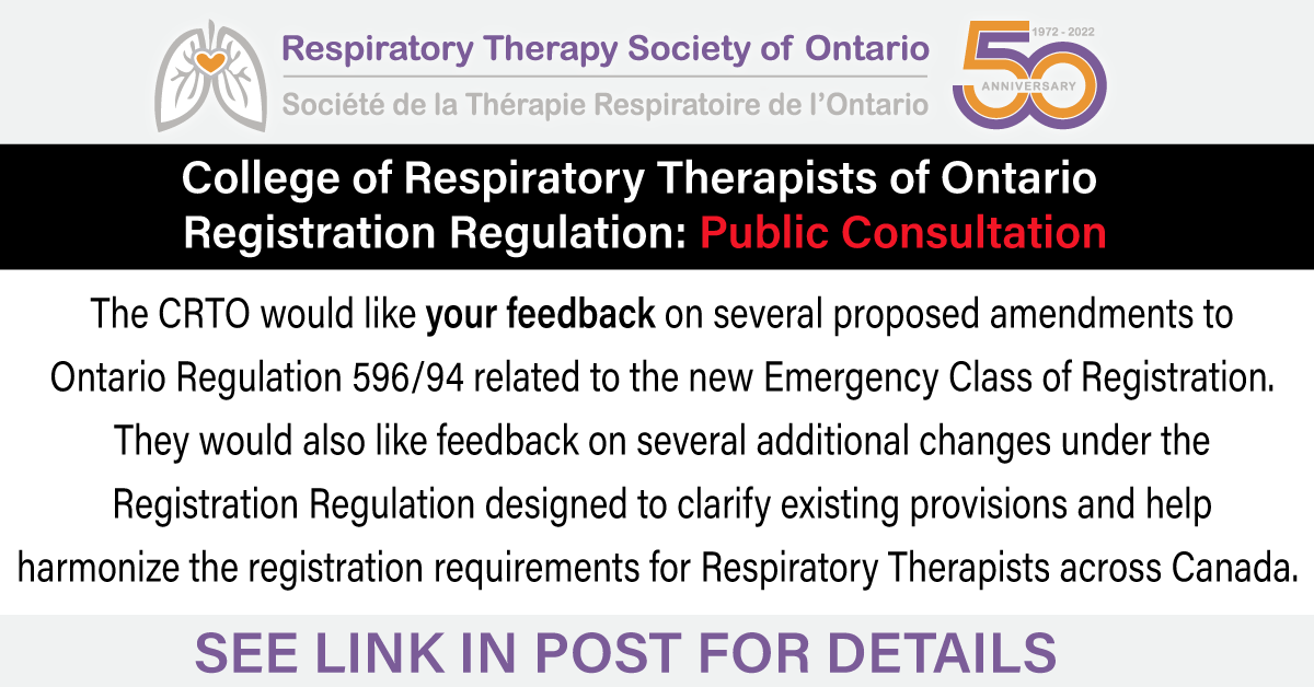 RTSociety_ONT's tweet photo. The CRTO would like your feedback on several proposed amendments to Ontario Regulation 596/94 related to the new Emergency Class of Registration.
GO HERE TO VIEW DOCUMENTS AND SHARE YOUR THOUGHTS: https://t.co/GLjAyO10xE
#crto #rtso https://t.co/0dXjz3neDj