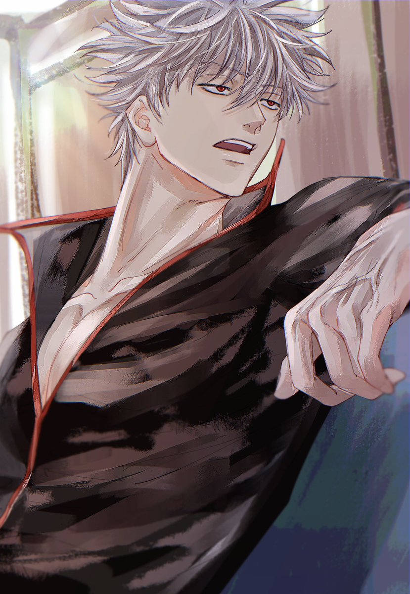 sakata gintoki male focus 1boy solo red eyes open mouth hair between eyes bangs  illustration images