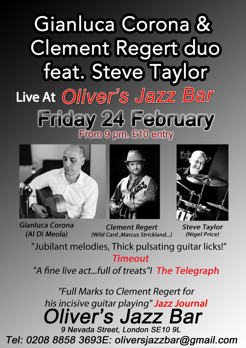 Clement Regert (@clementregert) on Twitter photo Clement Regert & Gianluca Corona are back at their favourite Parisian style Jazz club "Oliver's" with a special guest: Steve Taylor on Cajon/percs
You can expect to hear some of their originals, reworked pop tunes and some Brazilian Sambas.
Booking oliversjazzbar@gmail.com Clement Regert & Gianluca Corona are back at their favourite Parisian style Jazz club "Oliver's" with a special guest: Steve Taylor on Cajon/percs
You can expect to hear some of their originals, reworked pop tunes and some Brazilian Sambas.
Booking oliversjazzbar@gmail.com