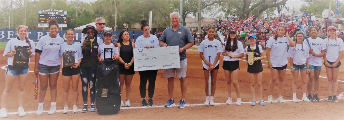 #SpotlightSaturday pretty special night for CFY & few Bullets. On the field at the Tax Act Clearwater Invitational with EvoShield presenting a $5,000 donation towards youth softball equipment!! #taxact #collegesoftball #youthsports #bullets