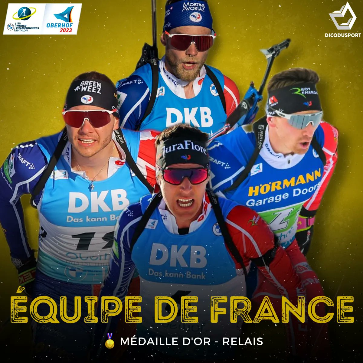 dicodusport's tweet photo. 😍🇫🇷 𝐂𝐇𝐀𝐌𝐏𝐈𝐎𝐎𝐎𝐍𝐒 𝐃𝐔 𝐌𝐎𝐍𝐃𝐄 !!! Les Bleus décrochent le titre mondial sur le relais masculin ! Bravo Antonin Guigonnat, Fabien Claude, Émilien Jacquelin et Quentin Fillon Maillet ! 🥇💥 #Oberhof23 #Biathlon https://t.co/vUmn1eMB4a