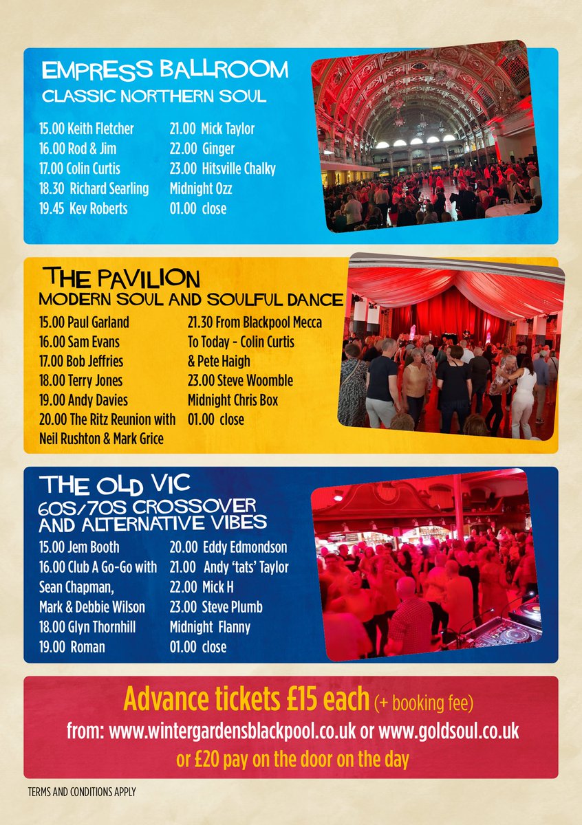The Big 3-room Soul All-Dayer on Saturday 17th June takes place in the amazing ⁦<a href="/WGBpl/">Winter Gardens BPL</a>⁩ Advance tickets £15 + booking fee - full details of the room themes &amp; DJ playing times are right here 👇