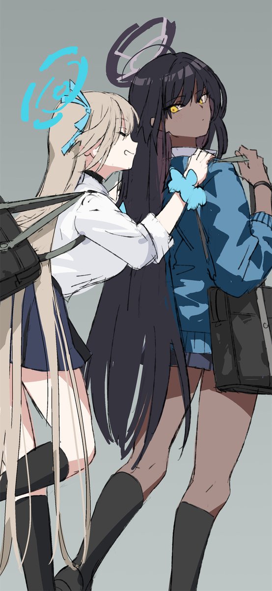 asuna (blue archive) ,karin (blue archive) multiple girls 2girls dark-skinned female halo school uniform long hair skirt  illustration images