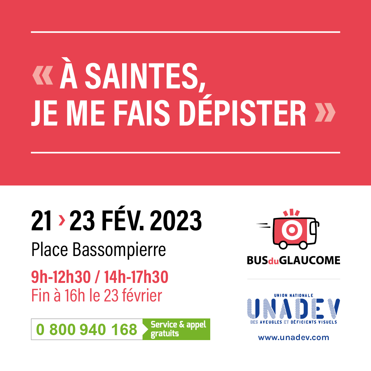 UNADEV_France's tweet image. 🚌 Avec le soutien de la ville de Saintes, le Bus du Glaucome viendra à la rencontre du grand public pour proposer 3 jours de dépistage gratuit du glaucome et autres pathologies cécitantes 👁️ #Dépistage #Vue #Ophtalmologie #Prévention