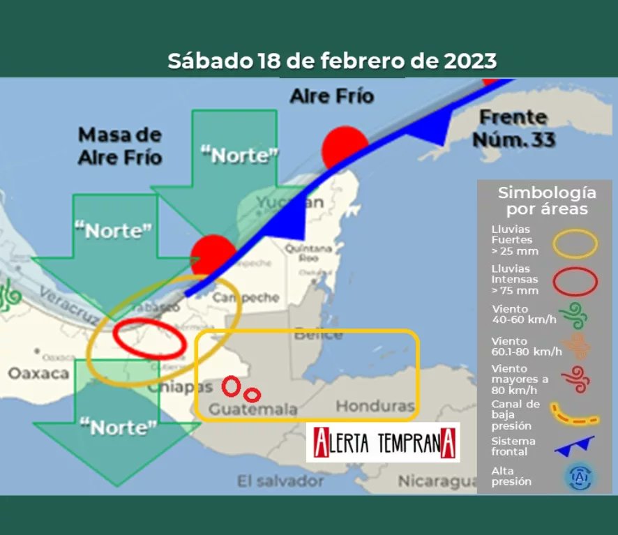 AlertaGt502's tweet photo. 1🧵18/02
El FF33 se extenderá como estacionario sobre el sureste mexicano y la Península de Yucatán, ocasionando chubascos y lluvias fuertes al norte de Guatemala desde Huehuetenango hasta Zacapa.
#ClimaGt #TraficoGt
#LluviasGt #TransitoGt
#FrenteFrío33 #FF33
#SistemaFrontal33 https://t.co/6KKIJOa8HD