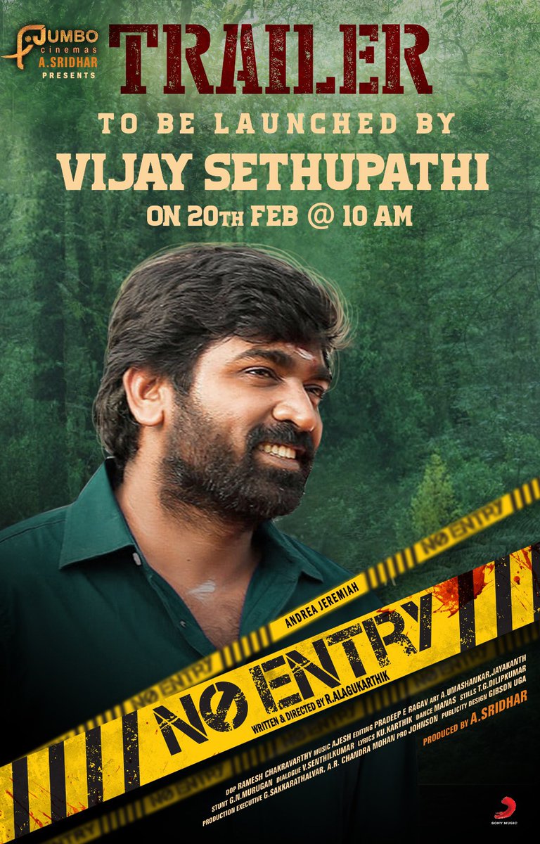 TBSTwizzle's tweet photo. #NoEntry Trailer to be released on 20th Feb by @VijaySethuOffl..💥
@andrea_jeremiah @jumbocinemas
@aadhavkk @RanyaRao @Sathishoffl @gokulstunt @aasridhar20 @Alagukarthik5 @ajesh_ashok
#NoEntryTrailer https://t.co/1bc4WCKkwM