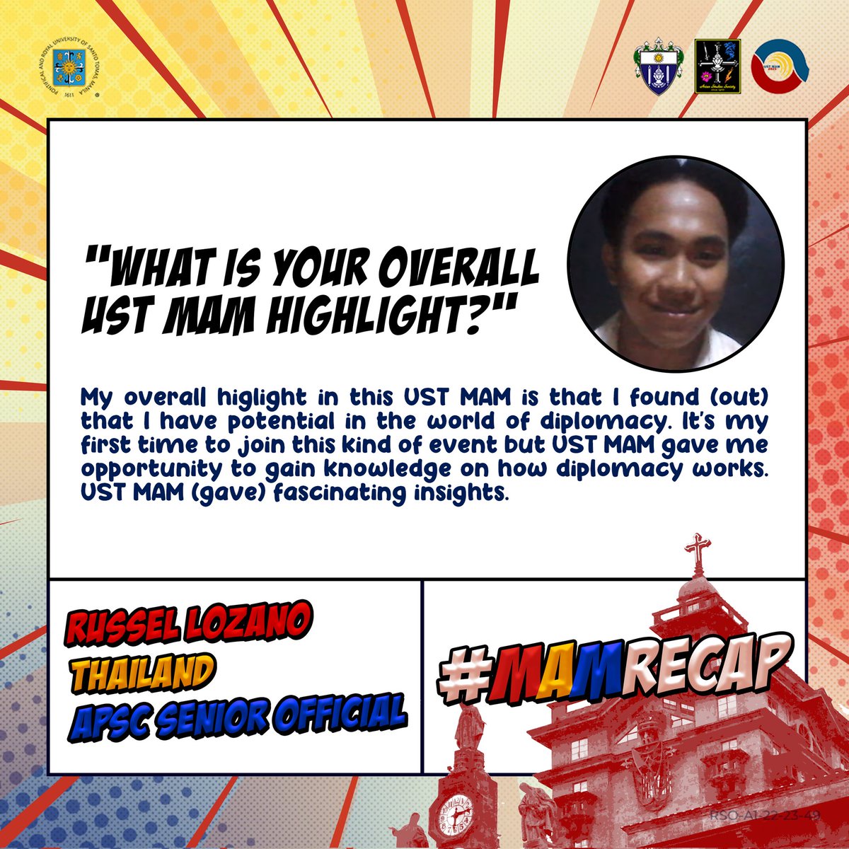 USTModelASEAN's tweet photo. We asked our delegates about their experiences from UST MAM 2023. And to recapture our 3rd day, let us hear from Russel Lozano, APSC Senior Official of Thailand  and Xybastian Trinidad, APSC Senior Official of Singapore.

(2/3) https://t.co/lM8t7WErZR