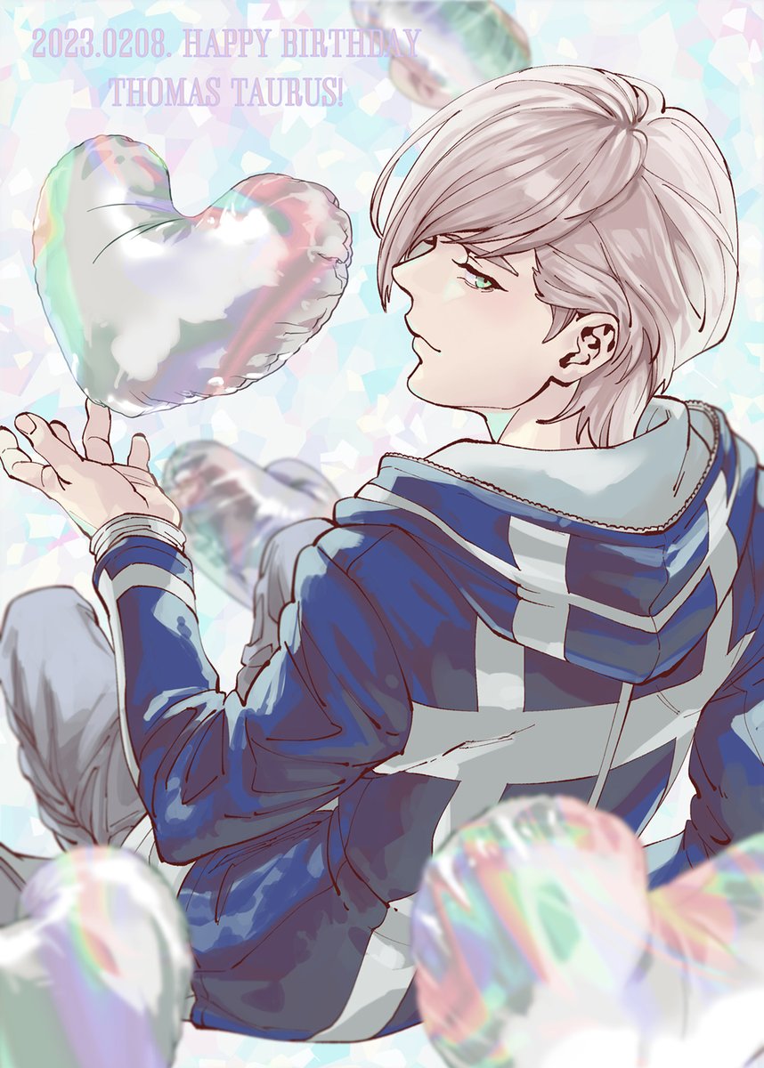 1boy male focus balloon solo happy birthday hood jacket  illustration images