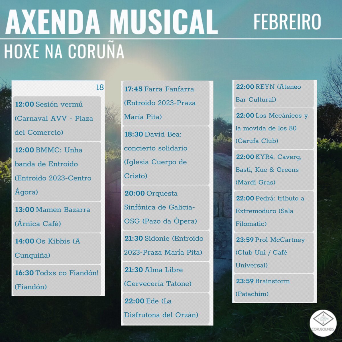 Hoxe na Coruña... 
.
.
.
Podes ver todos os concertos programados este ano en: corusounds.emiweb.es/agenda
#ACoruña #Coruña #AxendaMusical #AgendaMusical #Musica #Concertos #Concertos #Cultura #culturaparatodos #CulturaSegura