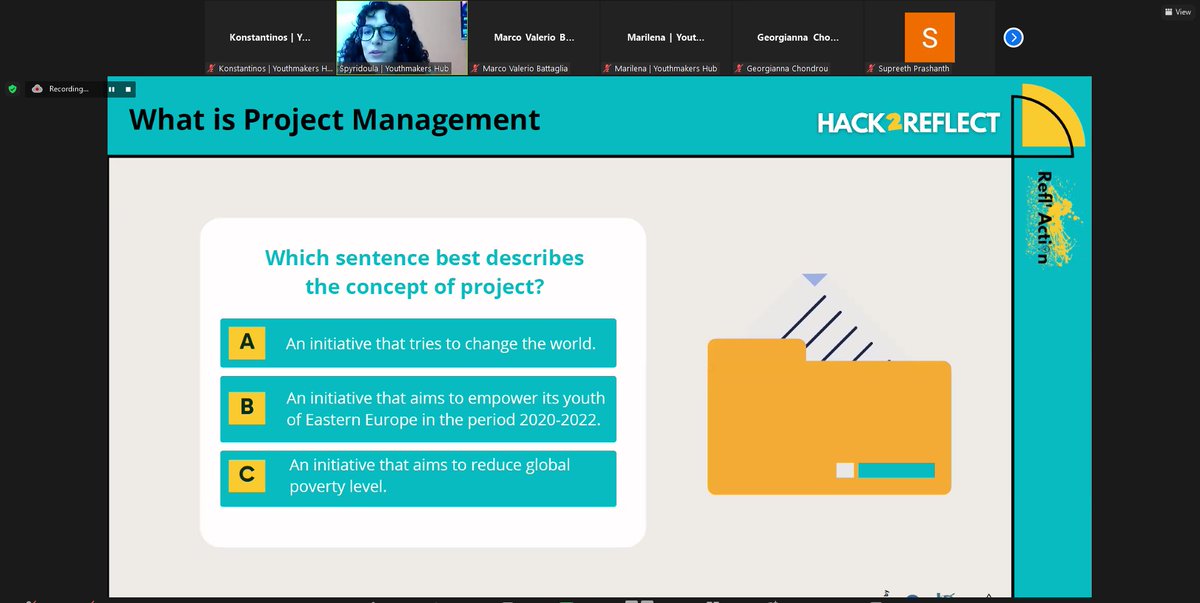 youthmakershub's tweet photo. @spyridoula_louk from @youthmakershub is currently training participants in #projectmanagement, sharing how this skill can be used to integrate reflective activities into society!
@CPIEARINASCITA @ASDKamaleonte
#Hack2Reflect #ReflAction #ErasmusPlus #YouthmakersHub https://t.co/pUNclm7cwP