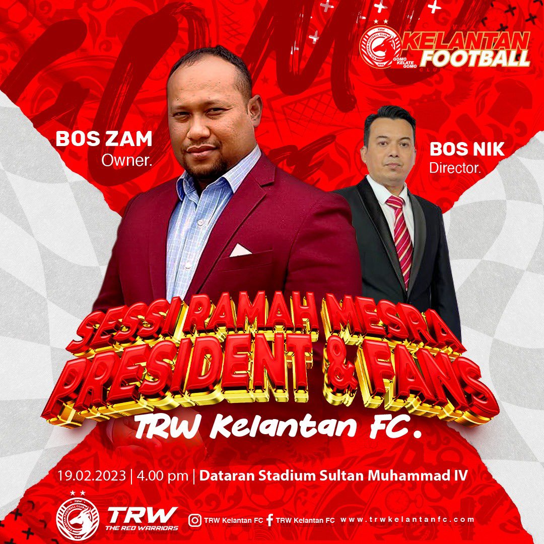 Berita gembira buat para penyokong The Red Warriors untuk mengambil peluang untuk menanyakan beberapa pertanyaan dan berkongsi pandangan melibatkan perkembangan semasa pasukan TRW Kelantan FC.

Jangan lepaskan peluang untuk bersama President, Bos Zam dan juga Co-Owner, Bos Nik.