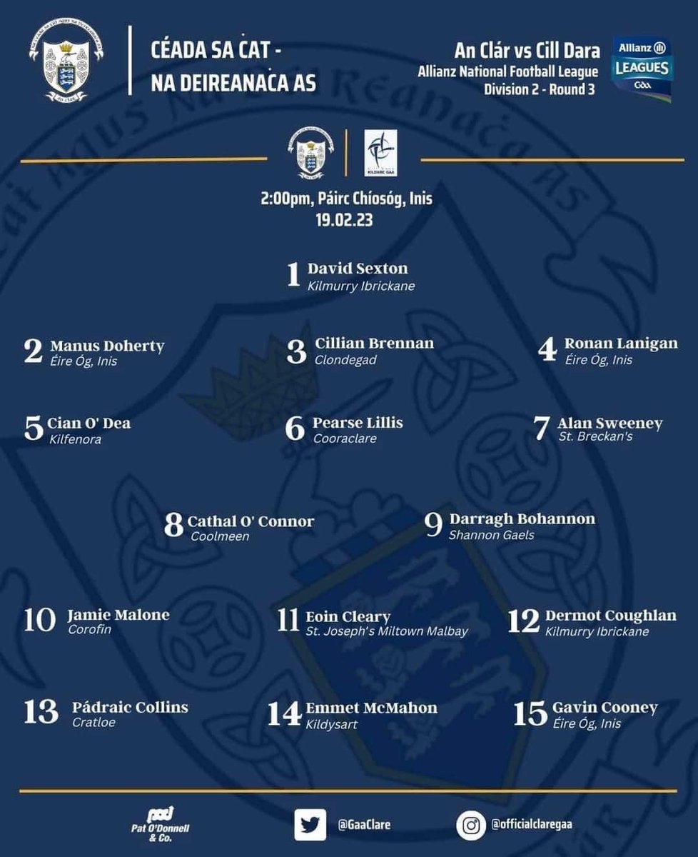 LiscannorGAA's tweet photo. Best of luck to @darrennagle96 and all the @GaaClare lads tomorrow in the Park. OurClan Lir @KilfenoraGAA @MlCusacksClare under 11’s will be in action at half time so an added incentive to get down and support the boys. https://t.co/DLCaXUhtVP