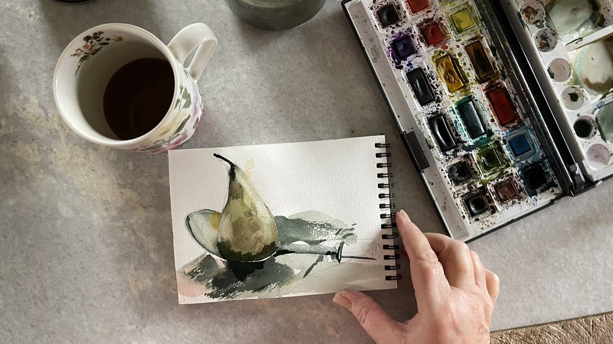 THUNTER_x's tweet photo. Such an interesting subject ๐ #pearstudy My little still life set up. So relaxing I find. Seems to be taking the paint well on this 100% cotton pad. https://t.co/KggRFGHn9d