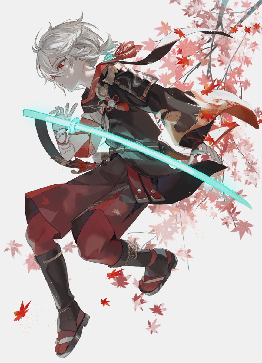 kaedehara kazuha 1boy male focus solo weapon red eyes japanese clothes leaf  illustration images