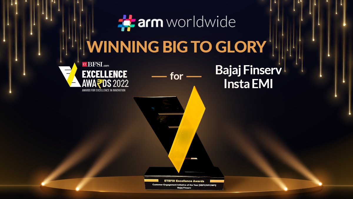 ARMDigital's tweet photo. We are delighted to announce that #ARMWorldwide has received the award for Customer Engagement Initiative of the Year at the 4th Edition of #ETBFSI Excellence Awards for the campaign ‘Bajaj Finserv Insta EMI - The card of choice’.
A huge congratulations to our entire team! https://t.co/zJMjqpicSJ