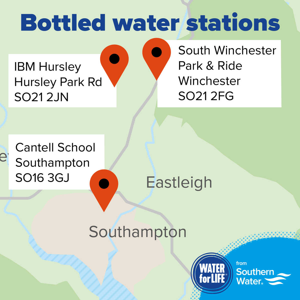 SouthernWater's tweet photo. Bottled water stations are now open: https://t.co/dFil62yc5N 

We’re still working on getting everyone back in supply #Winchester, #Southampton and #Eastleigh. If your water’s back, there might be low pressure or loss of supply today. 

We’re so sorry for the disruption. https://t.co/sm5QTPYK6X