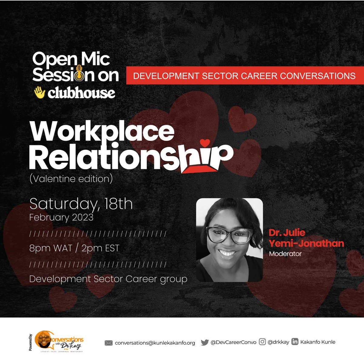 DevCareerConvo's tweet photo. Its not often discussed . But love❤️ , career 👨🏽‍💻👩🏽‍💻&amp; workplace🏬 relationships swings between sweet &amp; complicated ..Today 18th Feb 8pm WAT...set your alarms . You don't want to miss this interesting Open Mic session. Join us on Clubhouse ....come share &amp; learn. It's a no https://t.co/GssuCerwB8