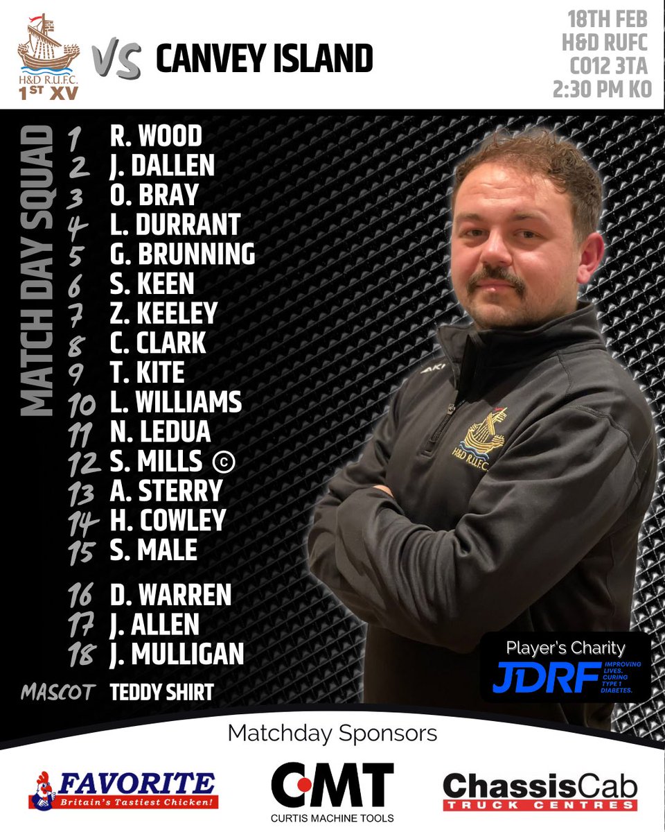 📢 Here’s your H&amp;D 1st XV squad to face Canvey Island in today’s Counties 2 Essex league fixture. With the 2nd XV also playing at home! 

H&amp;D 🆚 CANVEY ISLAND (HOME) 
🏉 Counties 2 Essex 
⌚️ 2:30 pm KO

H&amp;D II 🆚 IPSWICH III (HOME) 
🏉 EC Greene King Div 2 South 
⌚️ 2:30 pm KO