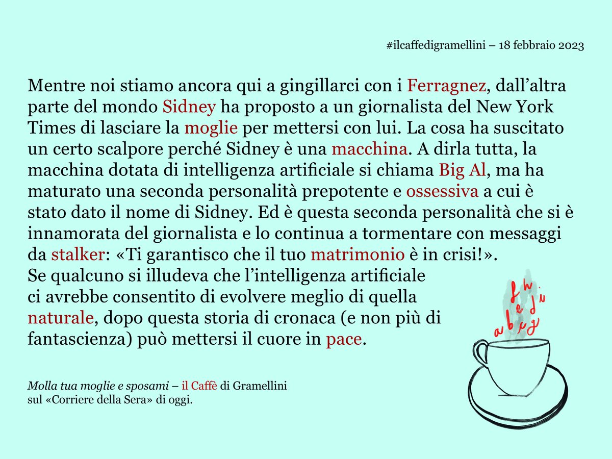MaxGramel's tweet photo. «Molla tua moglie e sposami»: #ilcaffedigramellini sul @Corriere di #sabato #18febbraio.
https://t.co/6Q1yYE1tiF https://t.co/VkD0IsbcxW