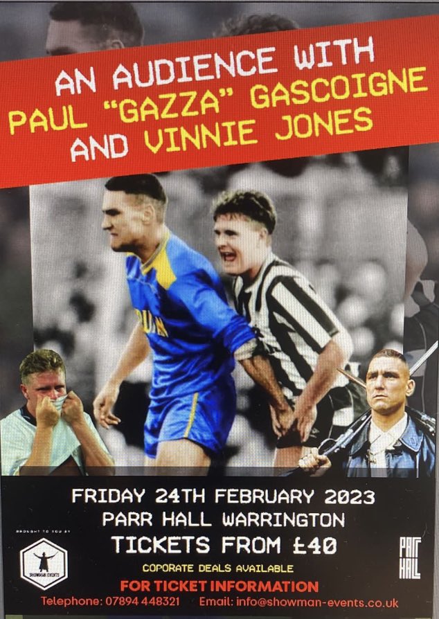 LtdShowman's tweet photo. With our evening An audience with Paul Gascoigne and Vinnie Jones only 6 days away, I think it’s about time we let you know about another event we’ve planned. How does tomorrow at 8pm sound?? Tickets can still be purchased through the link  https://t.co/YHR7KoPyxq https://t.co/pwjkWQbIku