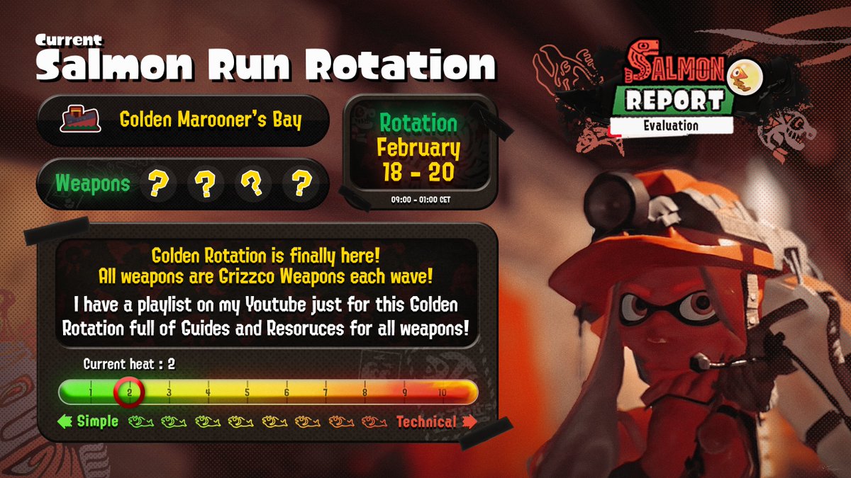 HDHaZmY's tweet photo. 【 Salmon Report 】February 18 - 20

🪙 - Golden Rotation is here with ALL GRIZZCO WEAPONS!

📽️ - I have prepared a Youtube Playlist with all the Resources &amp; Guides I have to help with this Rotation Specifically : https://t.co/CqAyIvqBig

#splatoon3 #salmonrun https://t.co/kp5lNRBtog