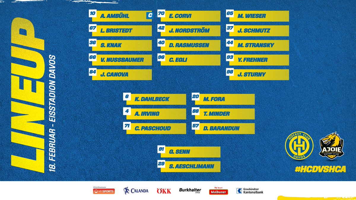 HCD_offiziell's tweet photo. 🚨 Game 4⃣6⃣ 🆚 @HC_Ajoie_off 
 
Keine Rückkehrer heute ➡️ keine Umstellungen im #Lineup. Ausser bei den Goalies. 
Somit ohne #46Egli (🤒),  #27Nygren, #90Jung, #81Wellinger und #81Prassl (alle 🤕). #31Croce und #9Hammerer (U20). #7Morrow (✈️).
 #HCDvsHCA https://t.co/4yg6RCY3aA