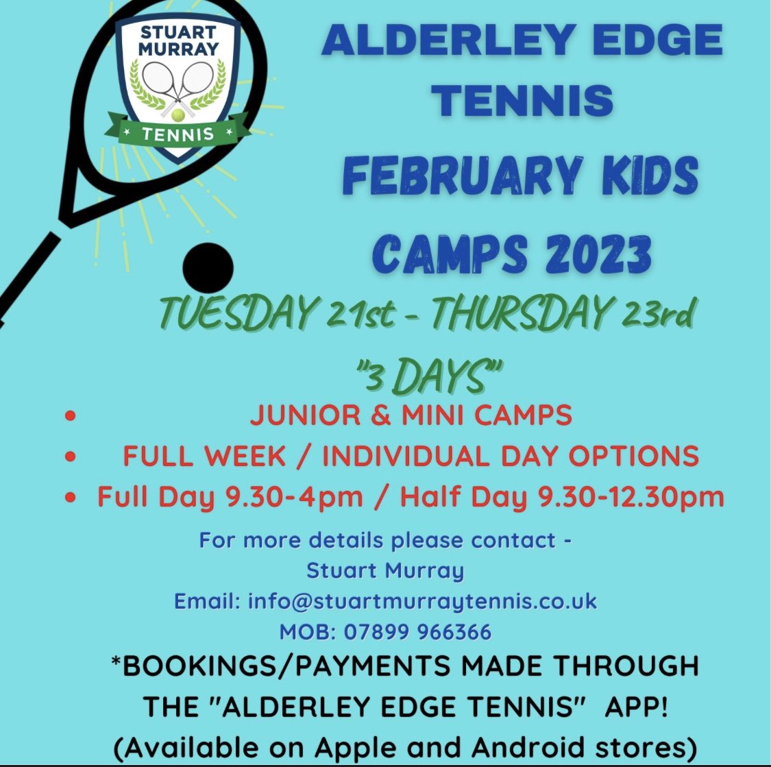 🎾FINAL REMINDER for our Brilliant February Half Term Tennis Camp. Bookings are LIVE NOW on the App for all 3 Days (Tues 21st-Thurs 23rd)🎾<a href="/AlderleyTennis/">Alderley Edge Tennis</a>