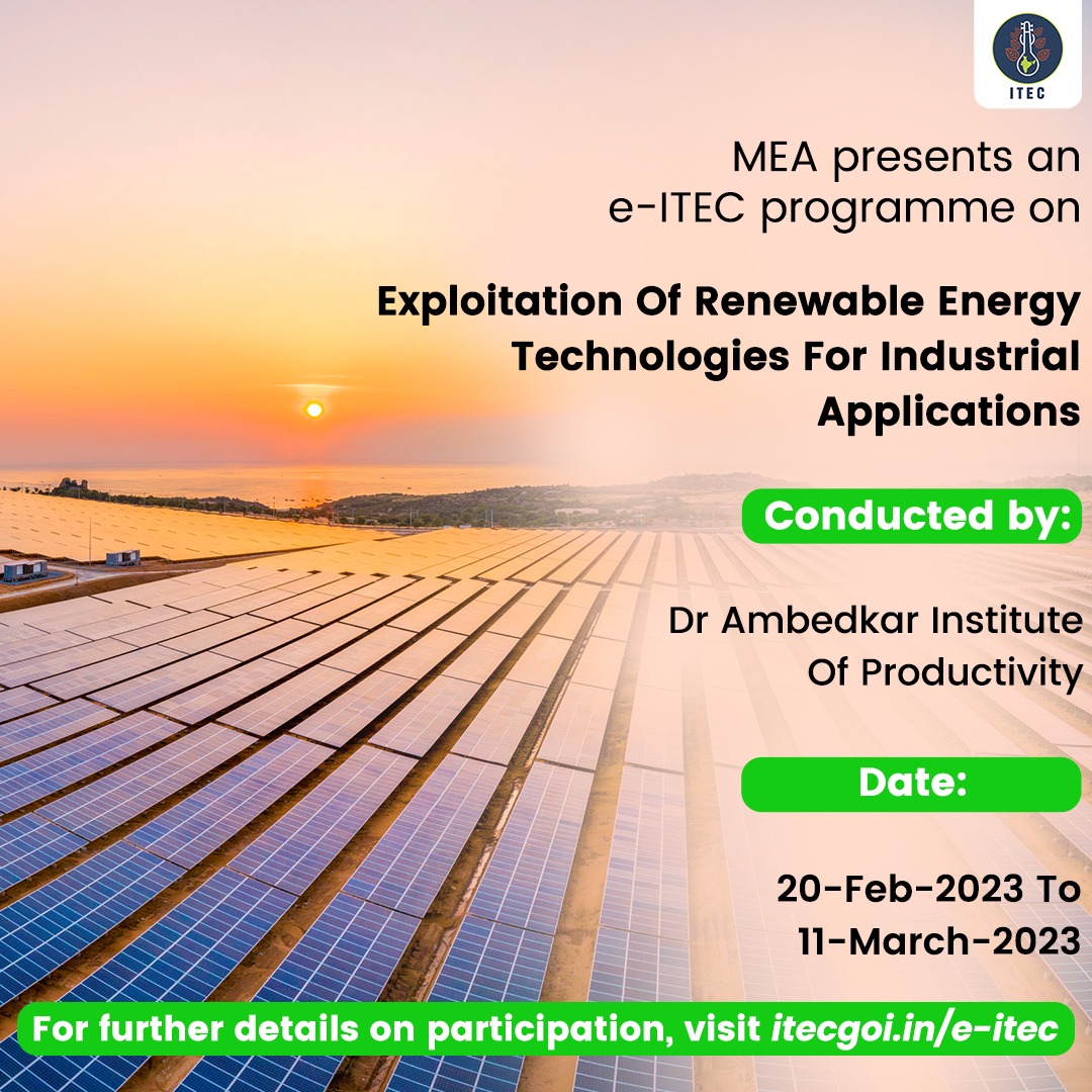 ITECnetwork's tweet image. The #eITEC course on Exploitation of Renewable Energy Technologies for Industrial Applications will enhance participants’ skills in the rapidly advancing field of renewable energy as they gain knowledge of the latest technologies and applications to stay ahead in the industry.