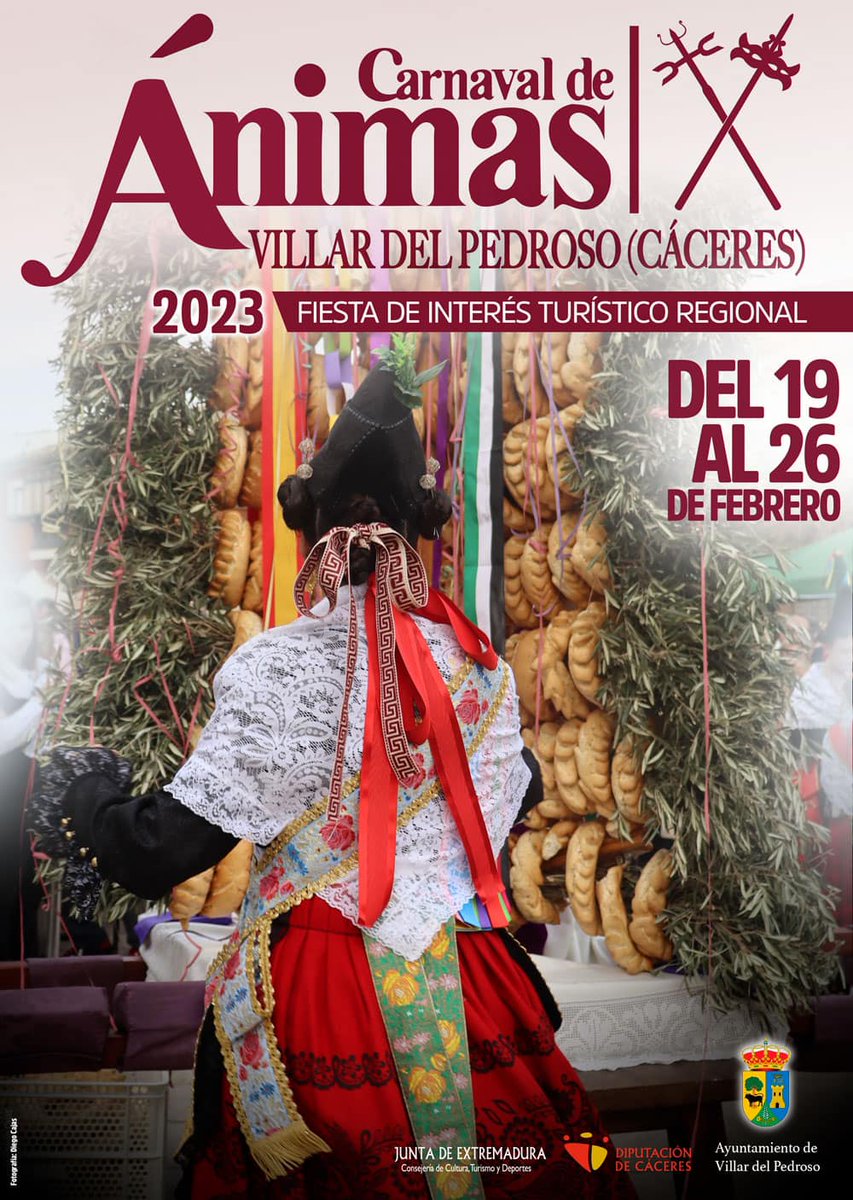 Febrero también es fiesta, cultura y tradiciones en #Extremadura 💚🤍🖤.

En #Arrolobos, #CarnavalJurdano.
En #VillarDelPedroso, #CarnavalDeAnimas.

¡¡Fiestas de interés turístico regional!! 🎭