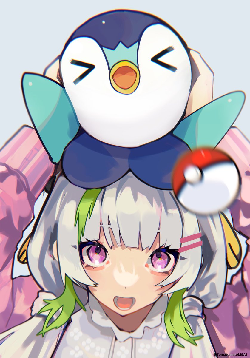 piplup pokemon (creature) 1girl poke ball pokemon on head open mouth green hair on head  illustration images