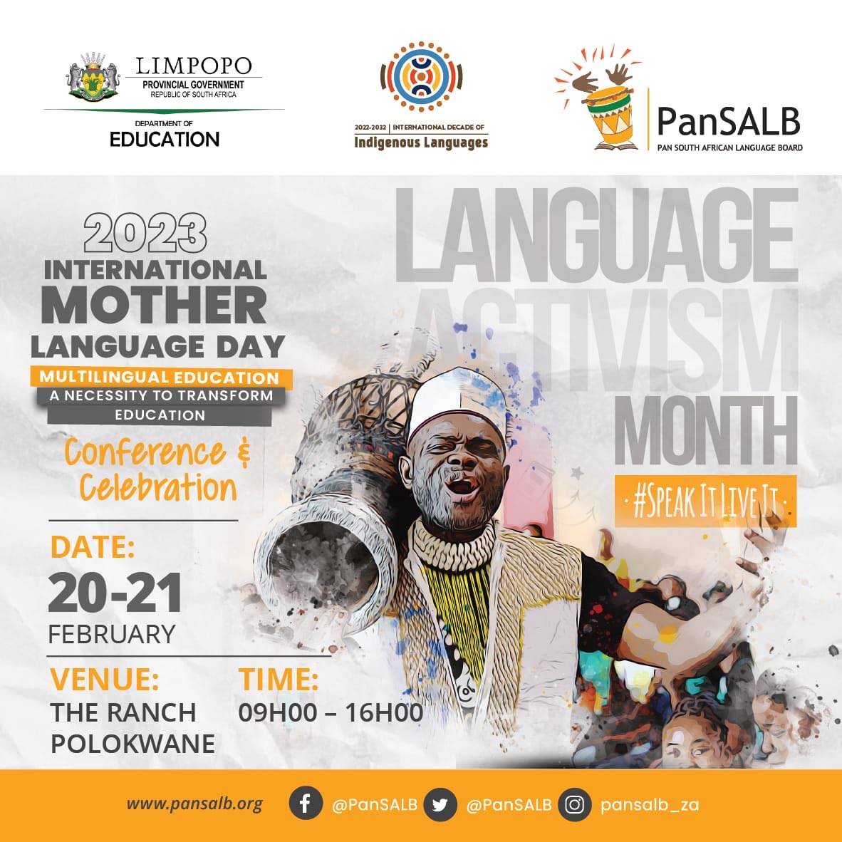 PanSALB's tweet photo. We are honoured to partner with @edu_limp for this year’s special International Mother Language Day event on 20-21 February in Polokwane. #LanguageActivismMonth @SportArtsCultur @DBE_SA https://t.co/PMkU81FgSn
