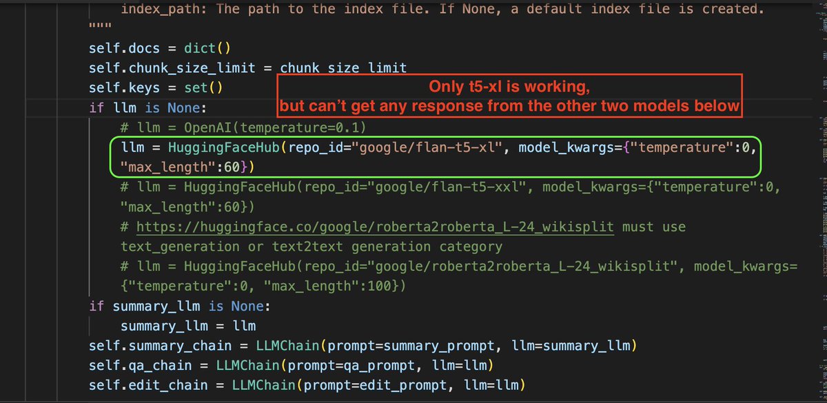 shendusuipian's tweet image. I have tried and here is a quick report.
1. It is easier to plug @huggingface  with @LangChainAI to use models on #huggingfacehub , but add/change about 3-4 lines of code 
2. but for some reason two other models don&apos;t respond at all (no errors produced)