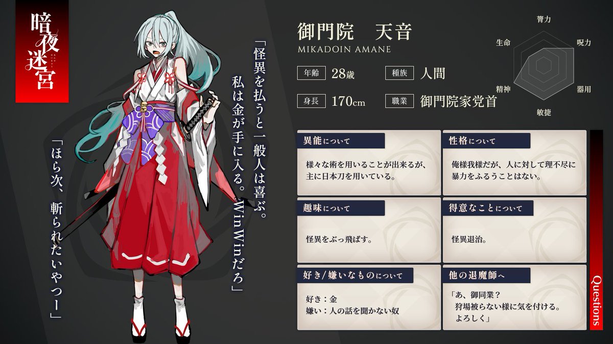 暗夜迷宮 御門院 天音 登録番号911 外面と中身が真逆の子です。 キャラクターシート作成してみました。よろしくお願いします。 イラストは ...
