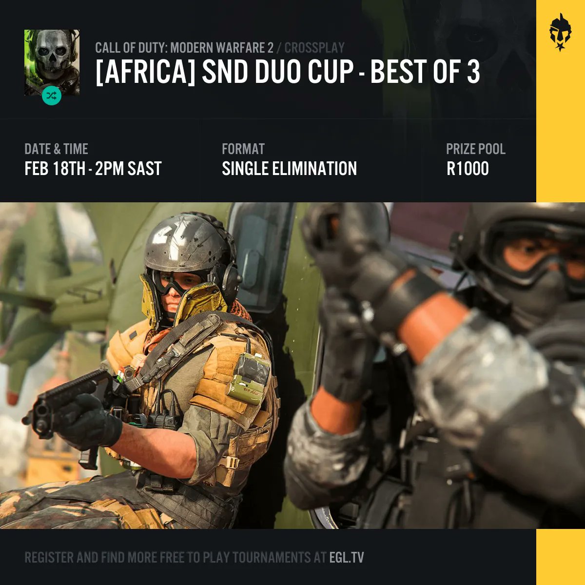 EGL_CoD's tweet photo. Today is the day!

Our first Africa only MW2 Tournament starts in just 3 hours!

It's free to enter and has a prize of R1000, you can register your duo below:
https://t.co/5SLL7YhiT4 https://t.co/eZqBueR8Xw