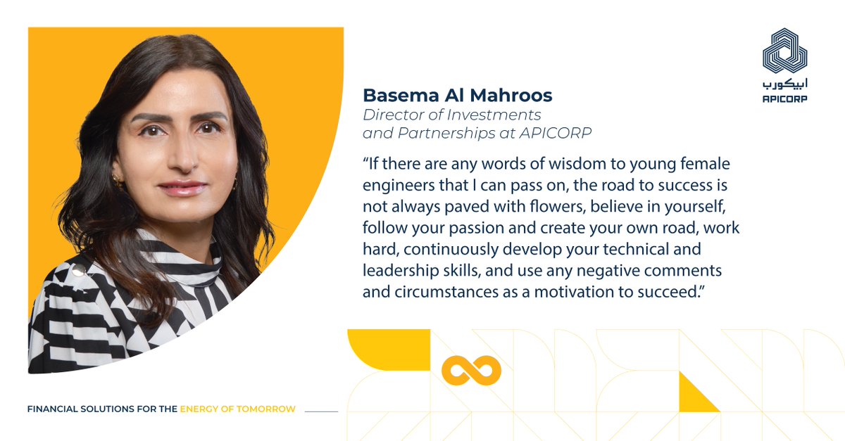 ArabEnergyFund's tweet photo. Basema Al Mahroos, Director of Investments and Partnerships at #APICORP, shares some words of wisdom to inspire young female engineers to overcome obstacles and achieve their potential in the workplace. #WomenandGirlsinScience https://t.co/bVxKZTuiFD