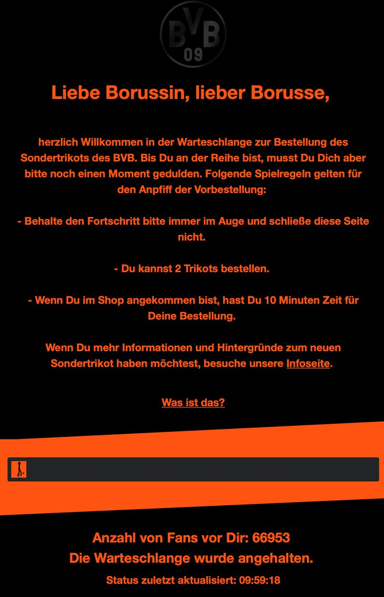 pulizerbreeze's tweet photo. Dachte der Verkauf beginnt um 10:00 Uhr, um 09:50 Uhr eingeloggt - 66.000 vor mir in der Warteschlange. Habe bei sowas noch nie mitgemacht. Wie viel früher hätte ich mich einloggen sollen, um eine reelle Chance auf ein Trikot zu haben? #bvb #trikot #sondertrikot https://t.co/wm4JKjv5JC