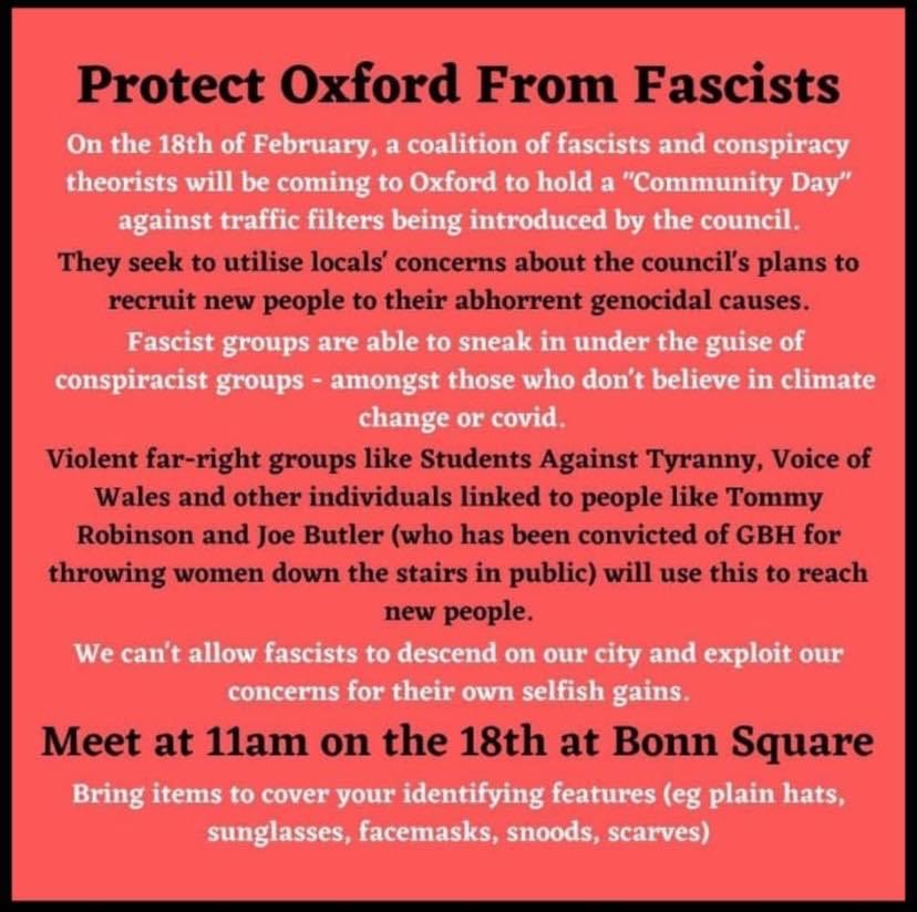 WARNING ⛔️ To anyone attending the Oxford protest today. There appears to be a smear campaign promoting us as “far right extremists” & “fascists”. Be on your guard, stick together & look out for one another. These aggressors should be easily identifiable. Take care, folks!